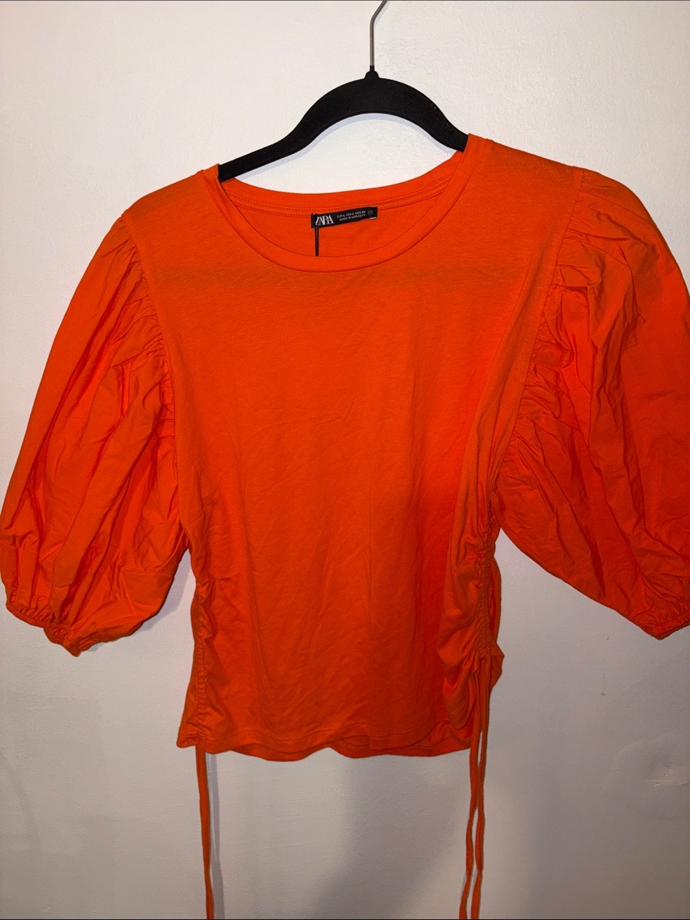 ZARA Orange Puff Sleeve Tie-Side Top